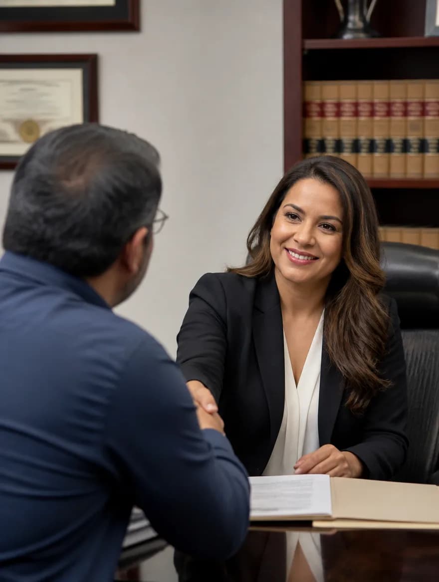 Abogada saludando a un cliente en su despacho