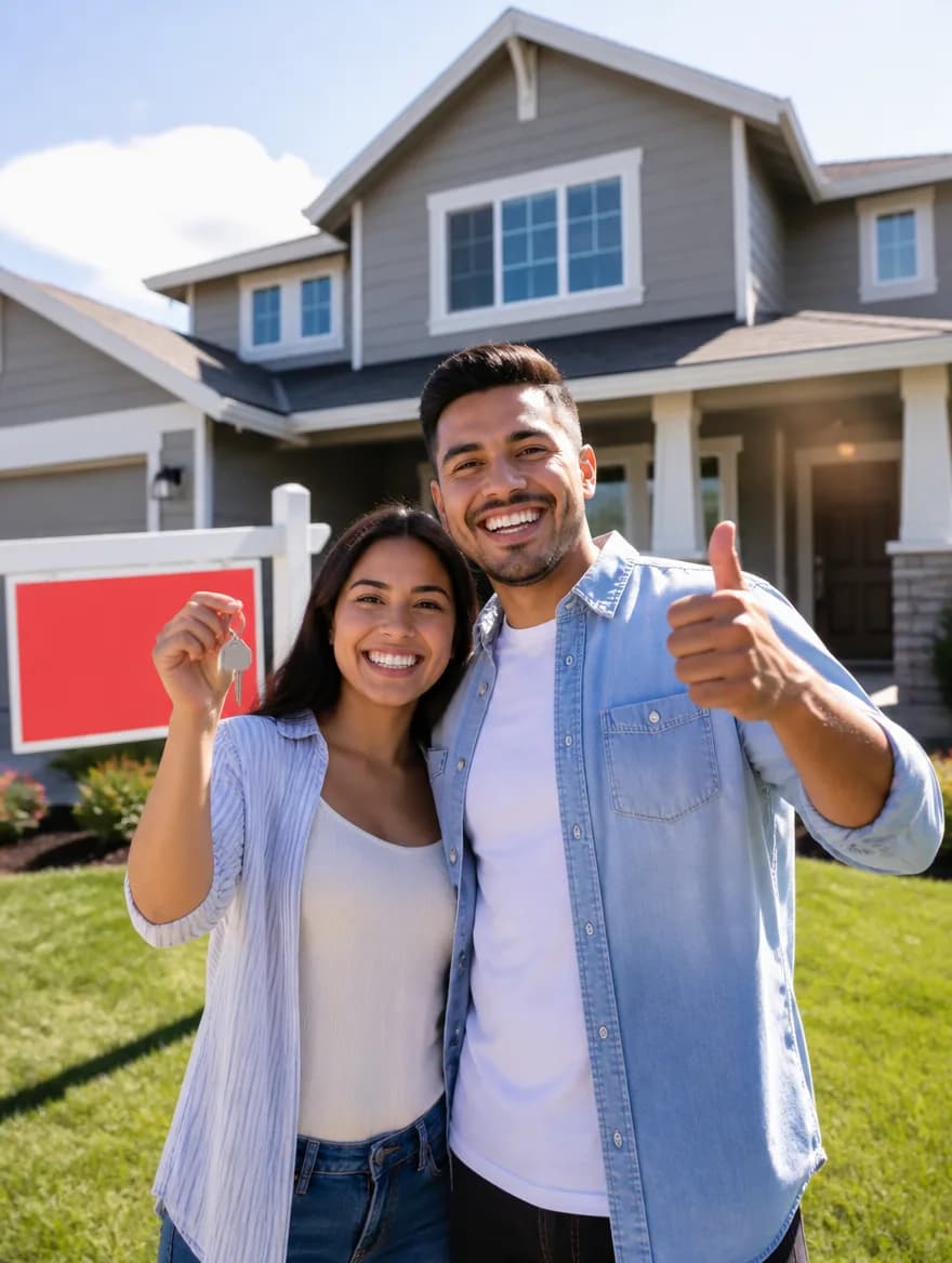Pareja feliz frente a su nueva casa con las llaves