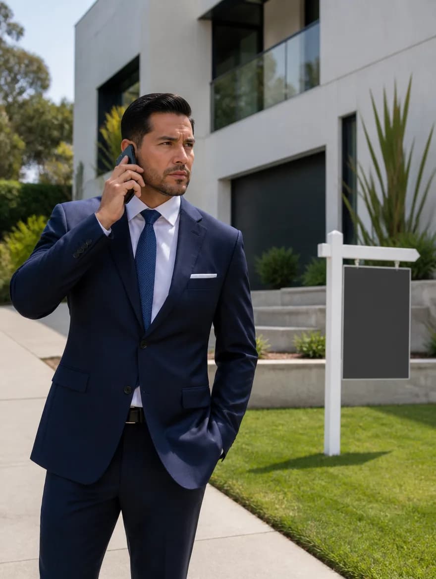 Agente inmobiliario al telΓ©fono frente a una casa en venta