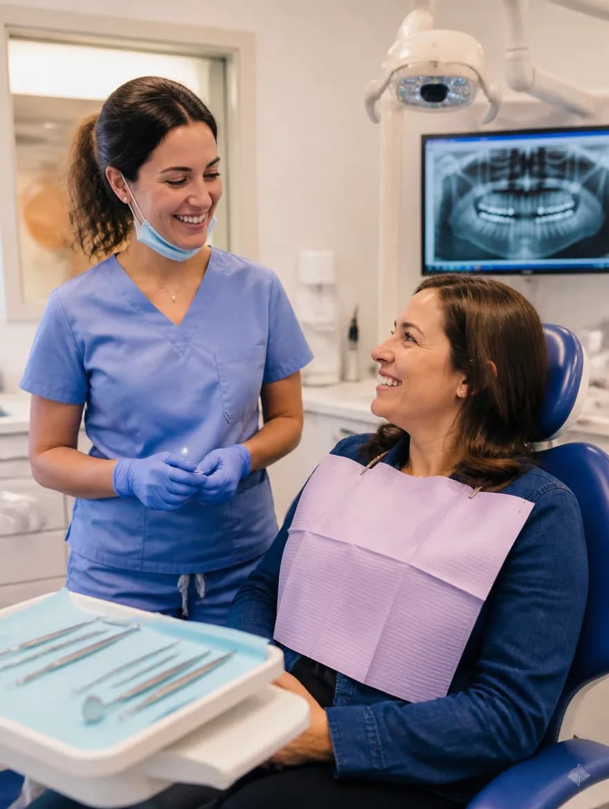 Higienista dental sonriendo junto a una paciente