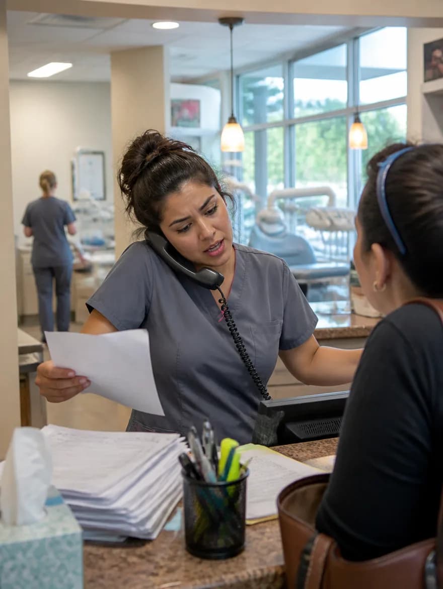 Recepción de una clínica dental atendiendo el teléfono