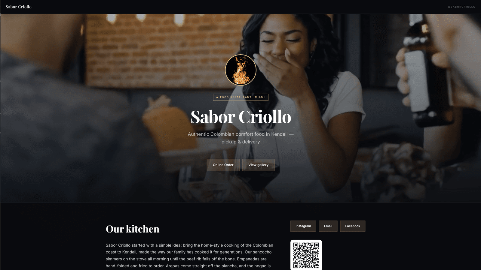 BrioPage — a finished example: Sabor Criollo's page with a video hero, menu, and online ordering